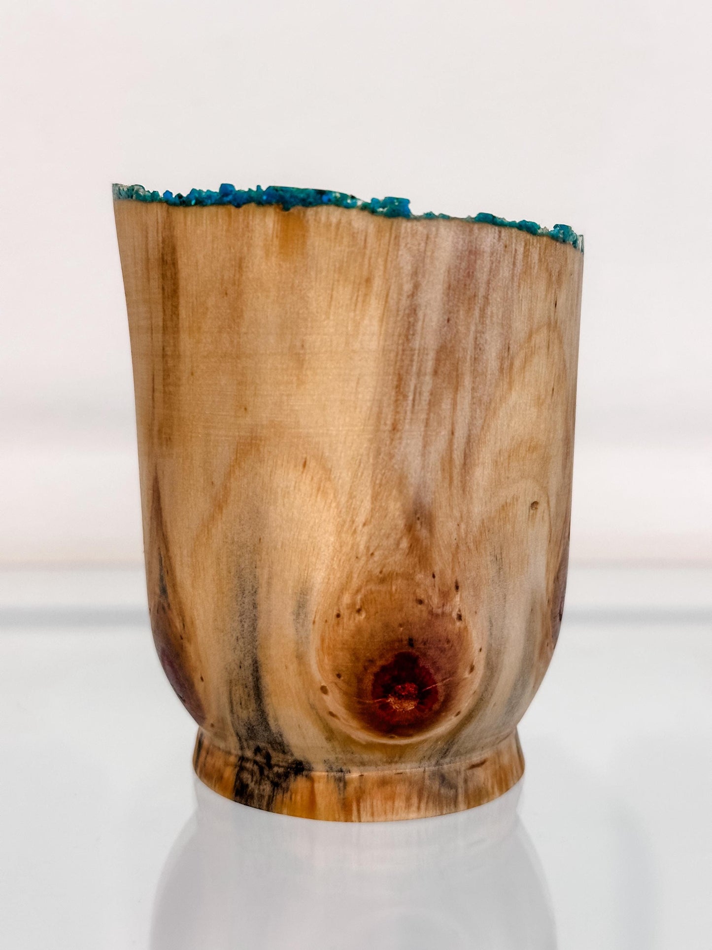 Small Norfolk Pine wood bowl, Artisanal wood bowl, Decorated with fine turquoise inlay, Hand-turned in Hawaii by artist Llosh Winne