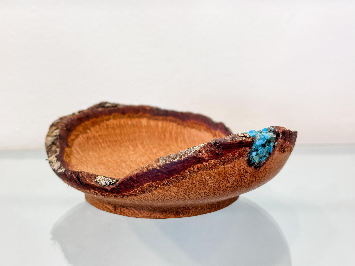 Small, handmade, natural edge coconut wood bowl with turquoise detailing, Hand-turned in Hawaii by Llosh Winne