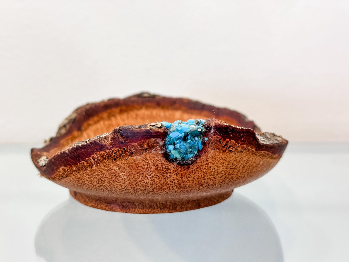 Small, handmade, natural edge coconut wood bowl with turquoise detailing, Hand-turned in Hawaii by Llosh Winne