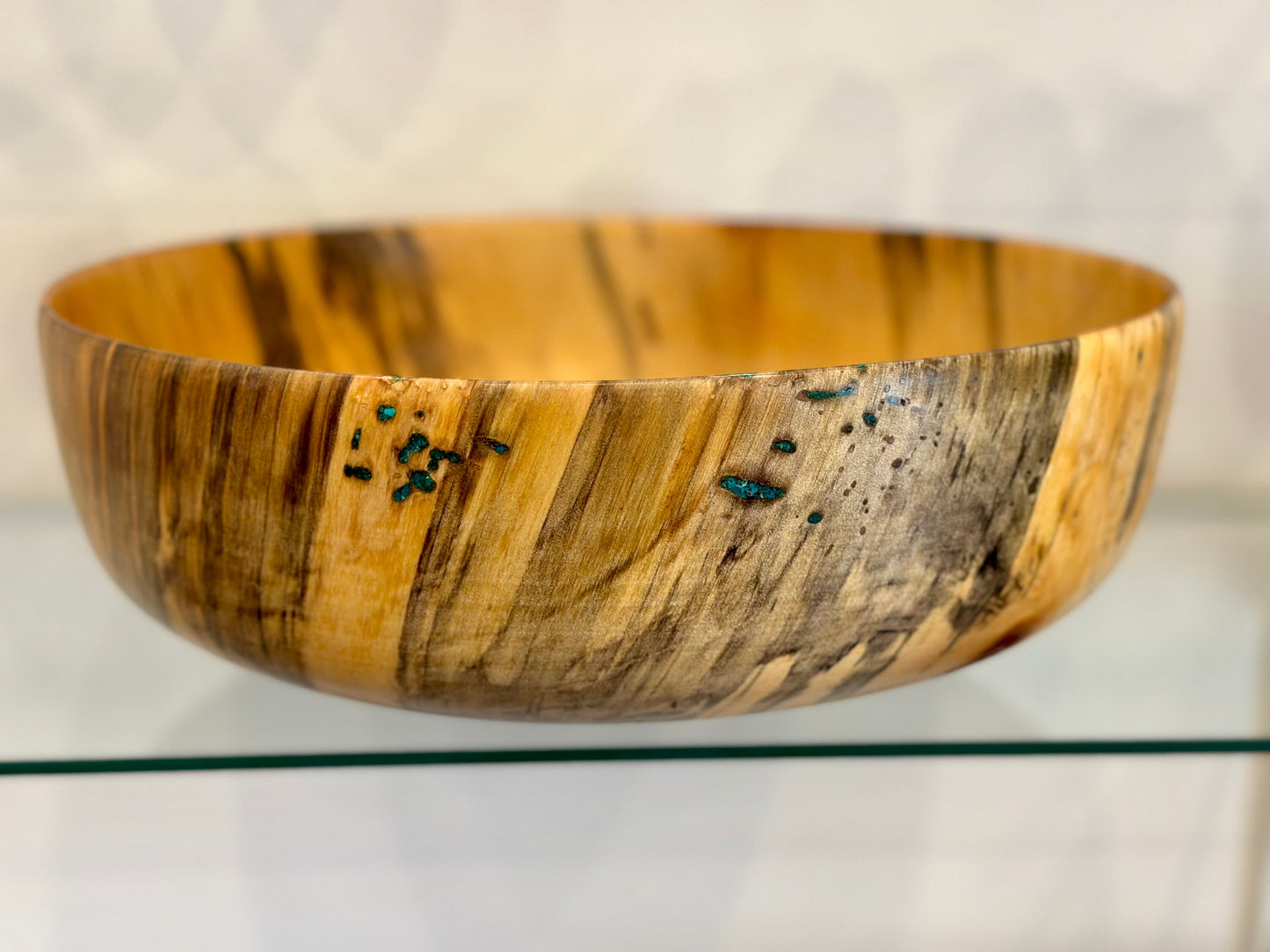 Large Wood Bowl, Handturned Wood Bowl, Norfolk Pine Wood Bowl, Decorated with Turquoise inlay, Handmade in Hawaii by Llosh Winne