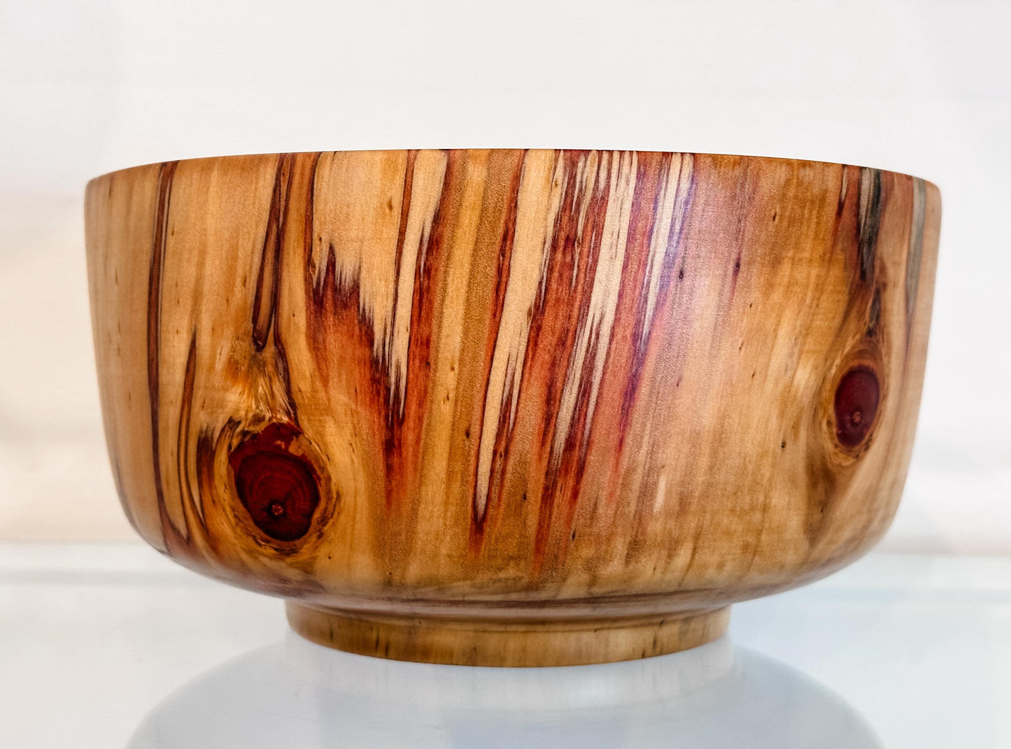 Handmade Norfolk pine wood bowl, Decorated with precious turquoise gemstone inlay, Hand-carved in Hawaii by artist Llosh Winne