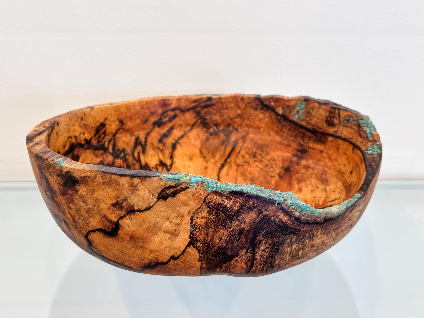 Medium Natural Edge Spalted Tamarind Wood Bowl Detailed with Turquoise Gemstone Inlay, Handmade in Hawaii by Llosh Winne