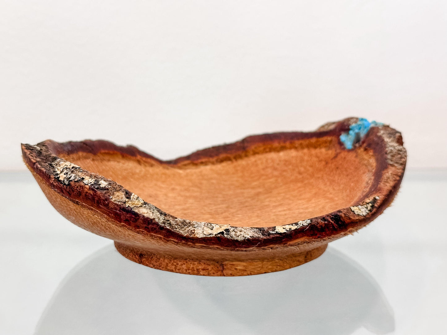 Small, handmade, natural edge coconut wood bowl with turquoise detailing, Hand-turned in Hawaii by Llosh Winne