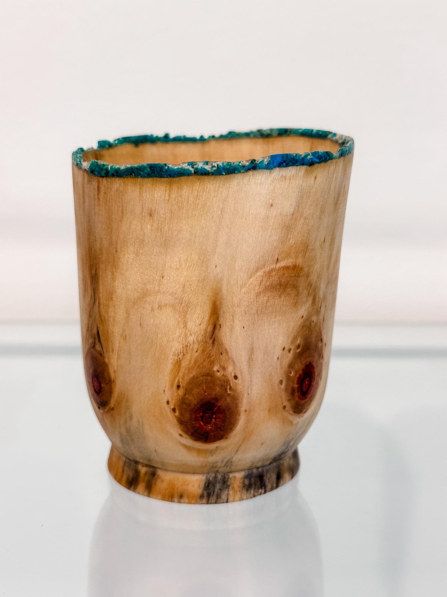Small Norfolk Pine wood bowl, Artisanal wood bowl, Decorated with fine turquoise inlay, Hand-turned in Hawaii by artist Llosh Winne