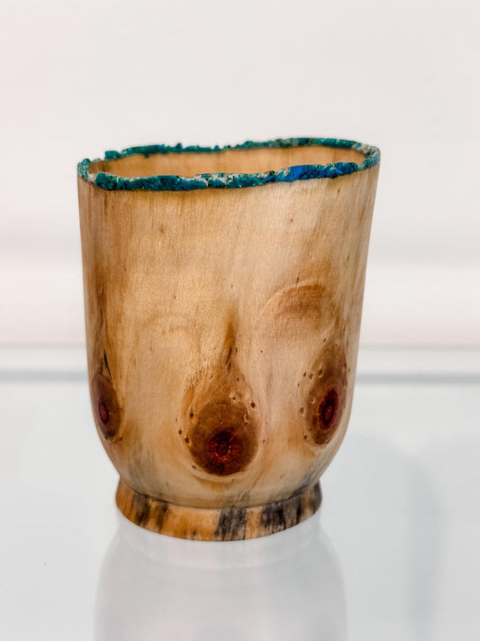Small Norfolk Pine wood bowl, Artisanal wood bowl, Decorated with fine turquoise inlay, Hand-turned in Hawaii by artist Llosh Winne