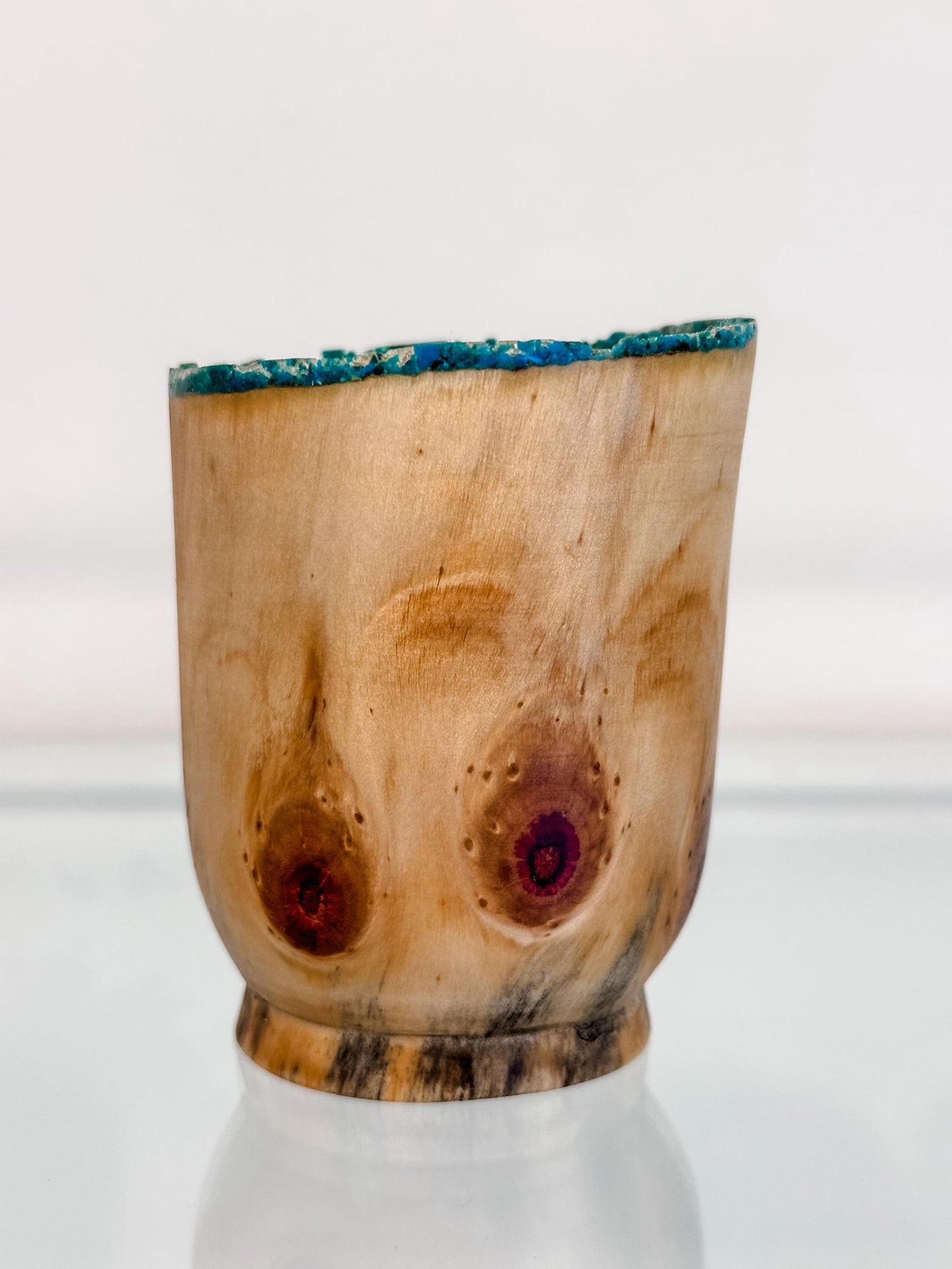 Small Norfolk Pine wood bowl, Artisanal wood bowl, Decorated with fine turquoise inlay, Hand-turned in Hawaii by artist Llosh Winne