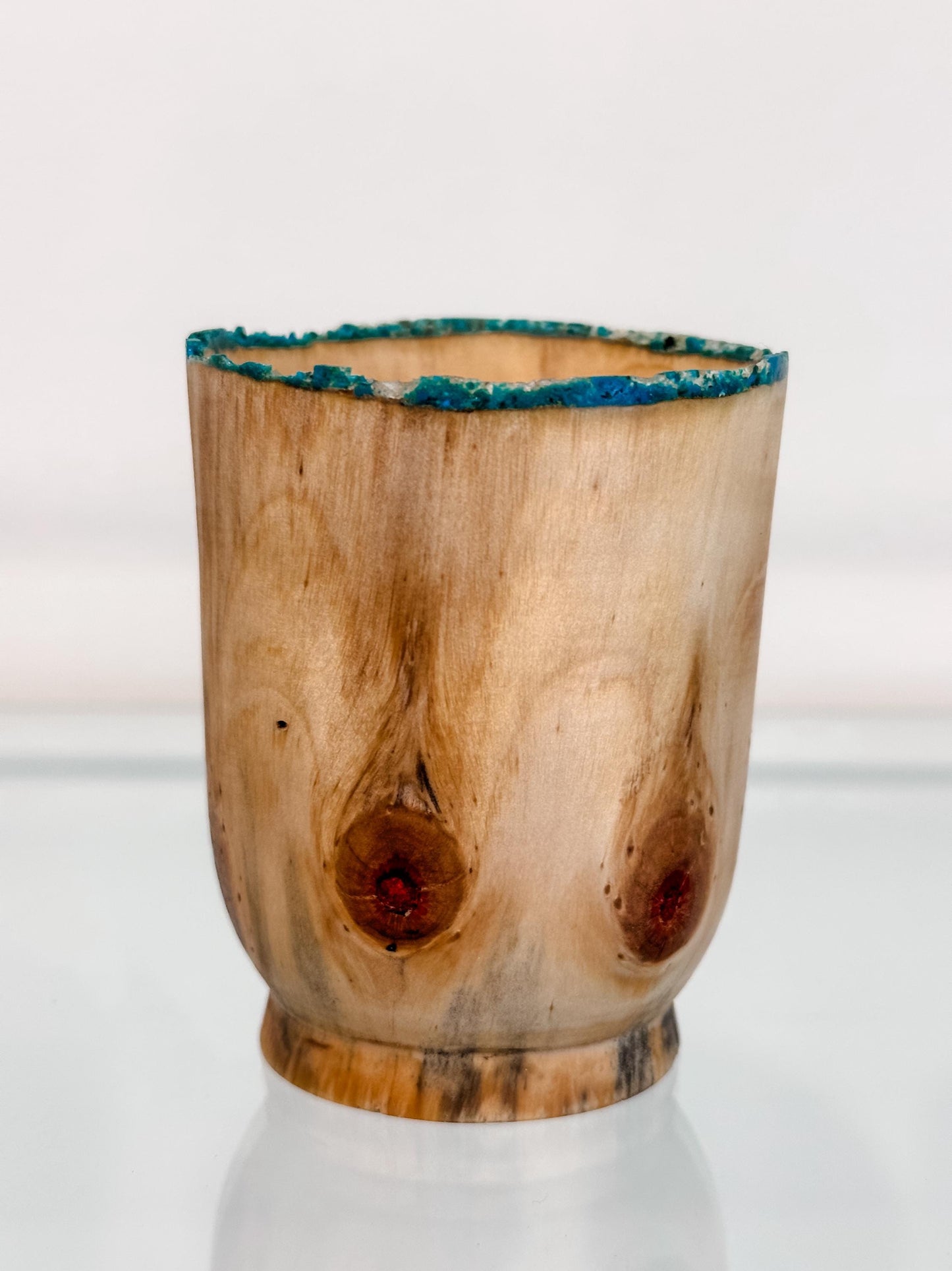 Small Norfolk Pine wood bowl, Artisanal wood bowl, Decorated with fine turquoise inlay, Hand-turned in Hawaii by artist Llosh Winne