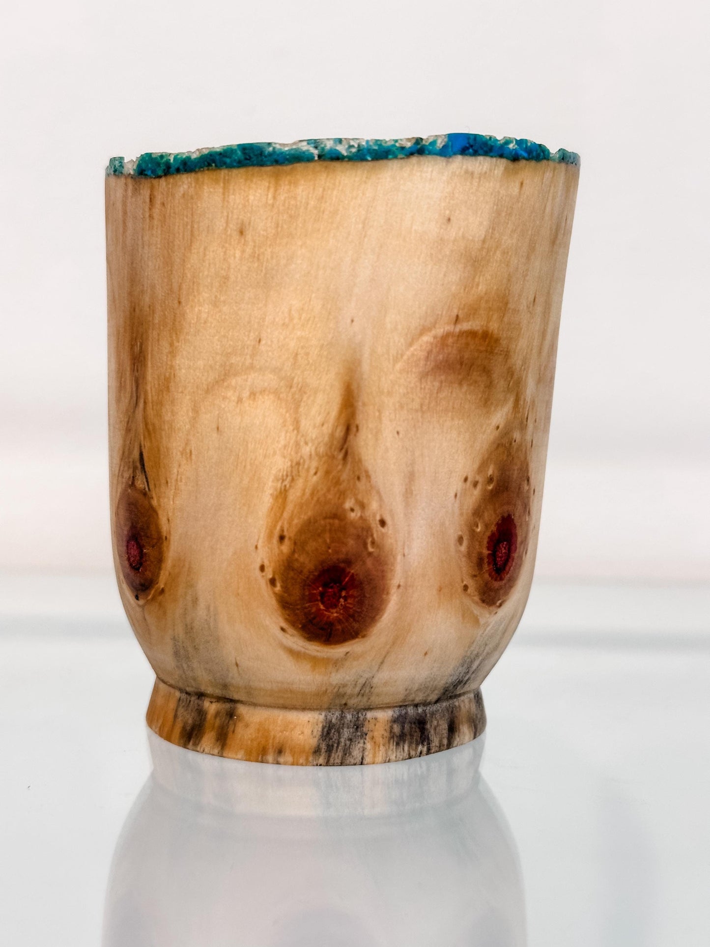 Small Norfolk Pine wood bowl, Artisanal wood bowl, Decorated with fine turquoise inlay, Hand-turned in Hawaii by artist Llosh Winne
