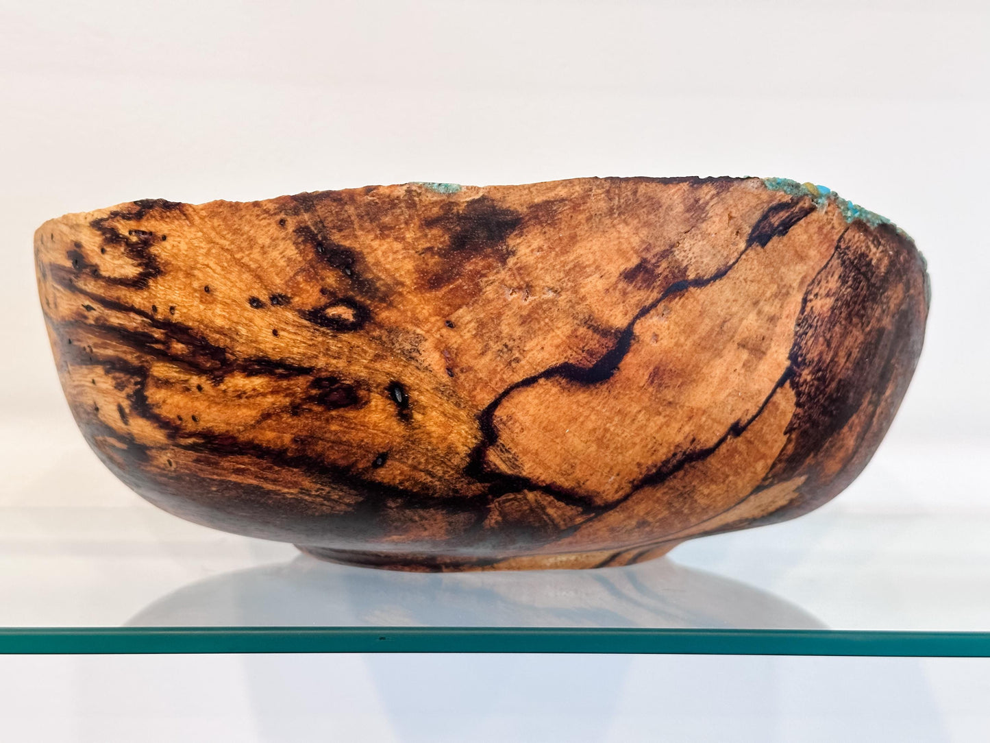 Medium Natural Edge Spalted Tamarind Wood Bowl Detailed with Turquoise Gemstone Inlay, Handmade in Hawaii by Llosh Winne