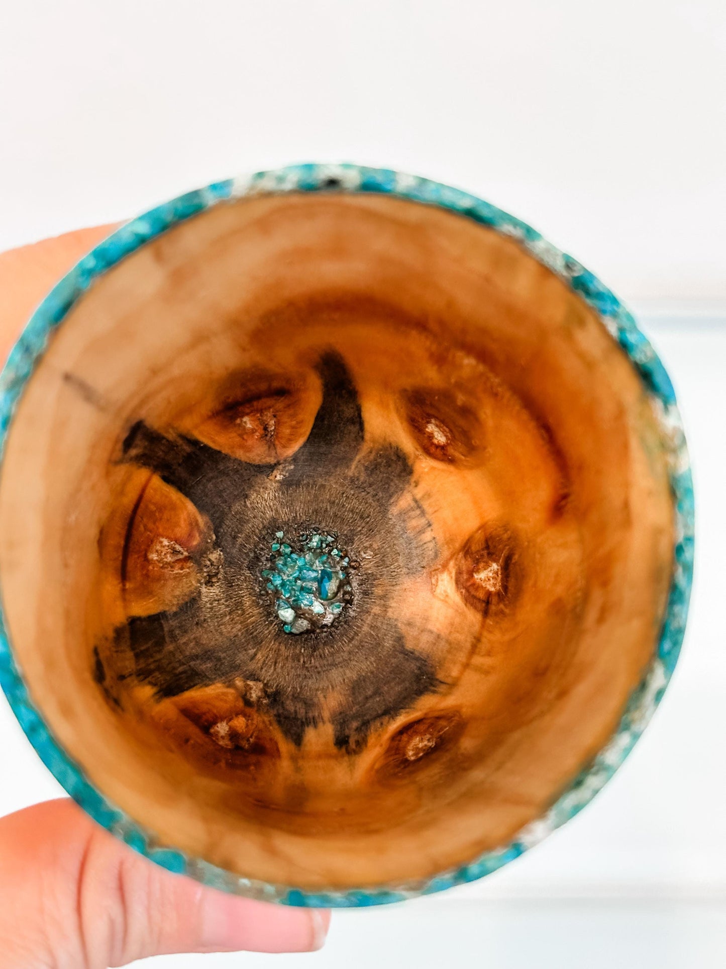 Small Norfolk Pine wood bowl, Artisanal wood bowl, Decorated with fine turquoise inlay, Hand-turned in Hawaii by artist Llosh Winne