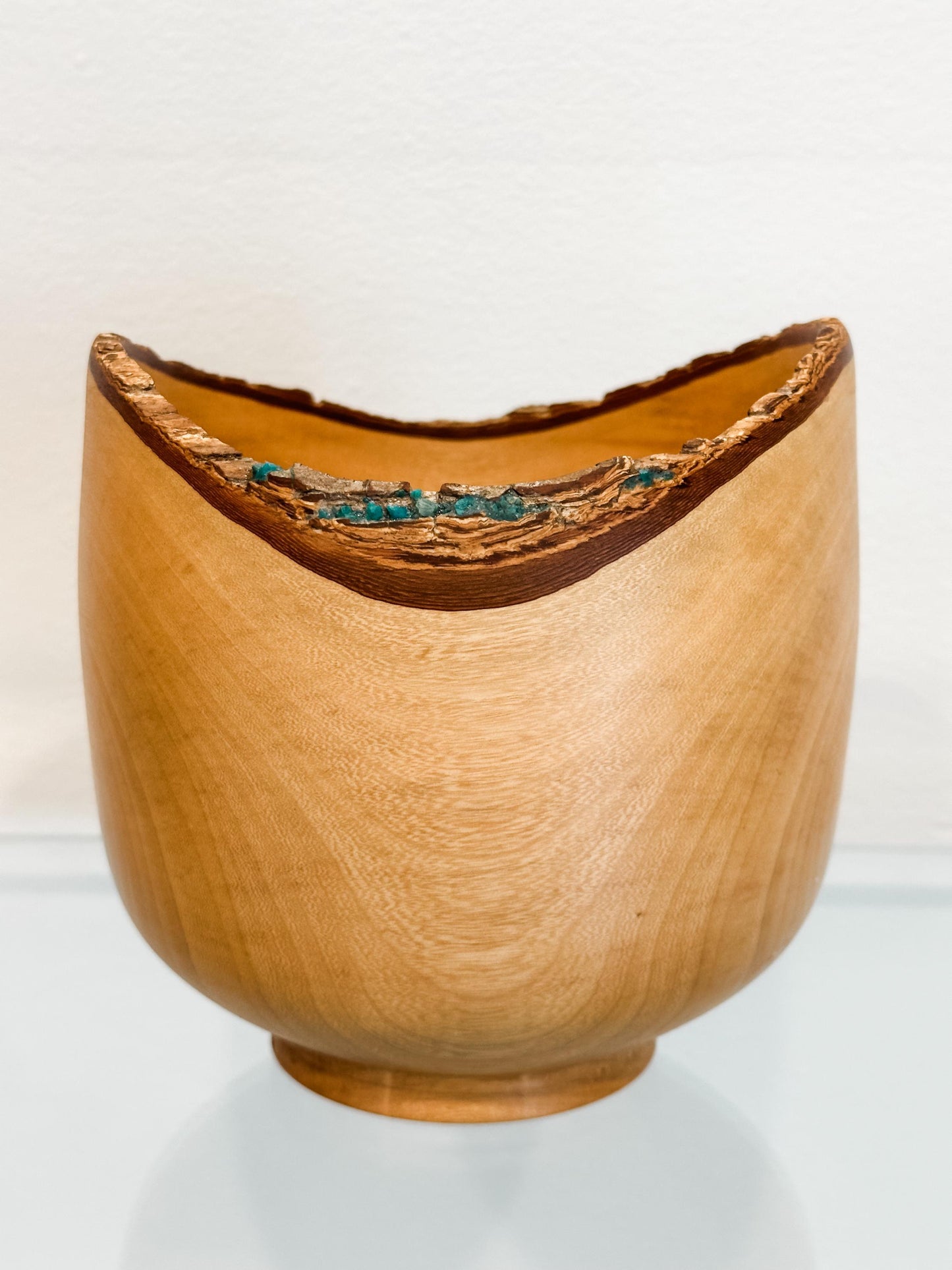 Jacaranda Wood Bowl with Live Edge Bark Inclusion and Turquoise Gemstone Inlay, Handmade in Hawaii, Organic