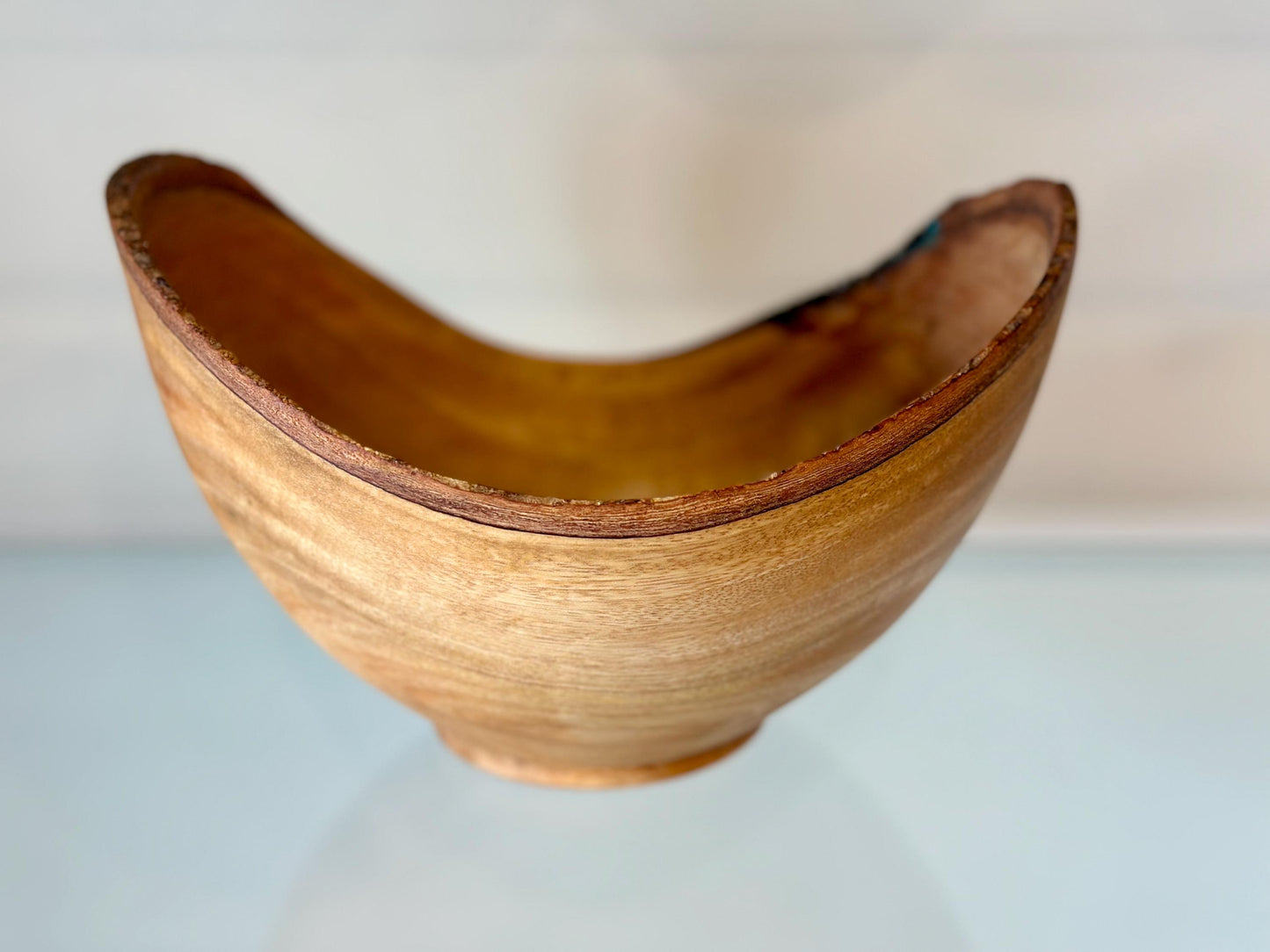 Natural Edge Mango Wood Bowl with Turquoise Gemstone and Black Alaskan Anthracite Inlay Detail, Handmade by Llosh Winne