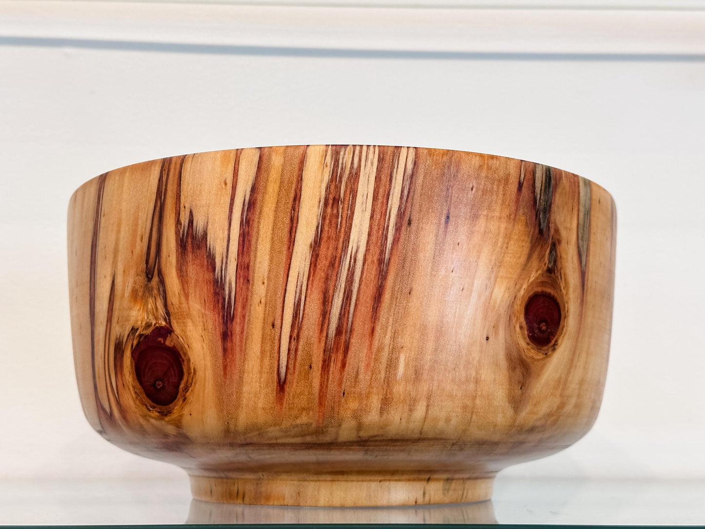 Handmade Norfolk pine wood bowl, Decorated with precious turquoise gemstone inlay, Hand-carved in Hawaii by artist Llosh Winne