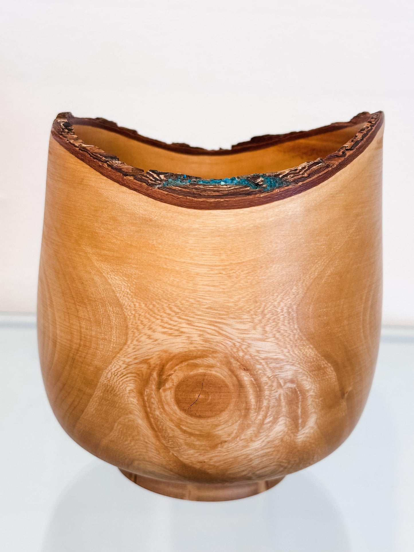 Jacaranda Wood Bowl, Handmade, Artisanal, Natural Edge, with Bark Inclusion and Turquoise Inlay, Hand-carved out of jacaranda wood in Hawaii