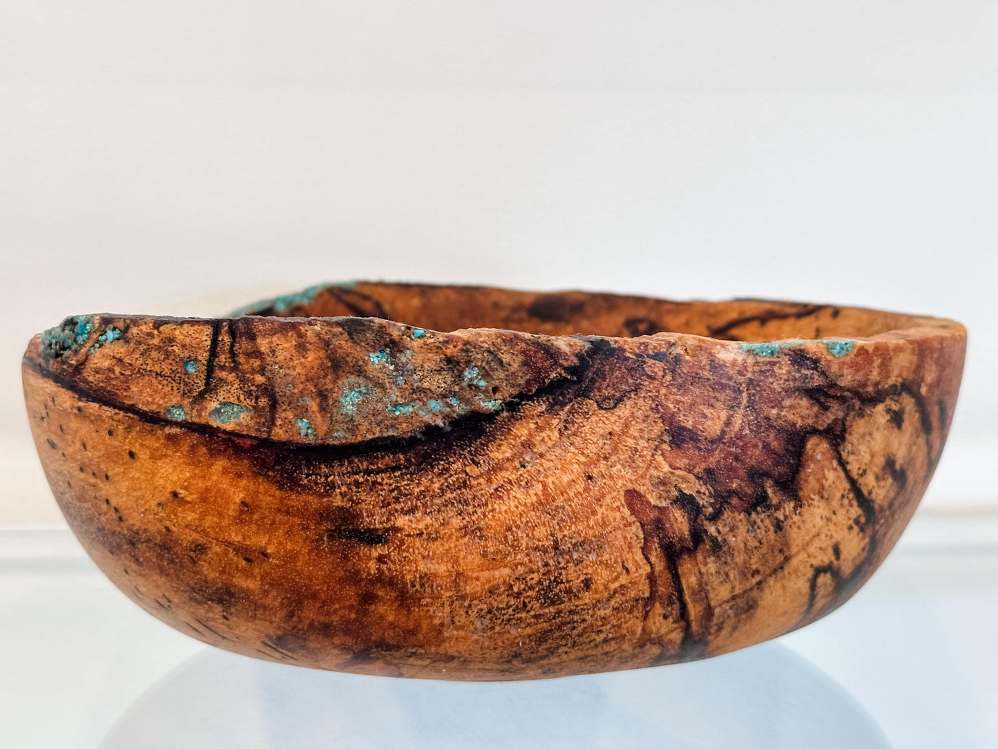 Medium Natural Edge Spalted Tamarind Wood Bowl Detailed with Turquoise Gemstone Inlay, Handmade in Hawaii by Llosh Winne