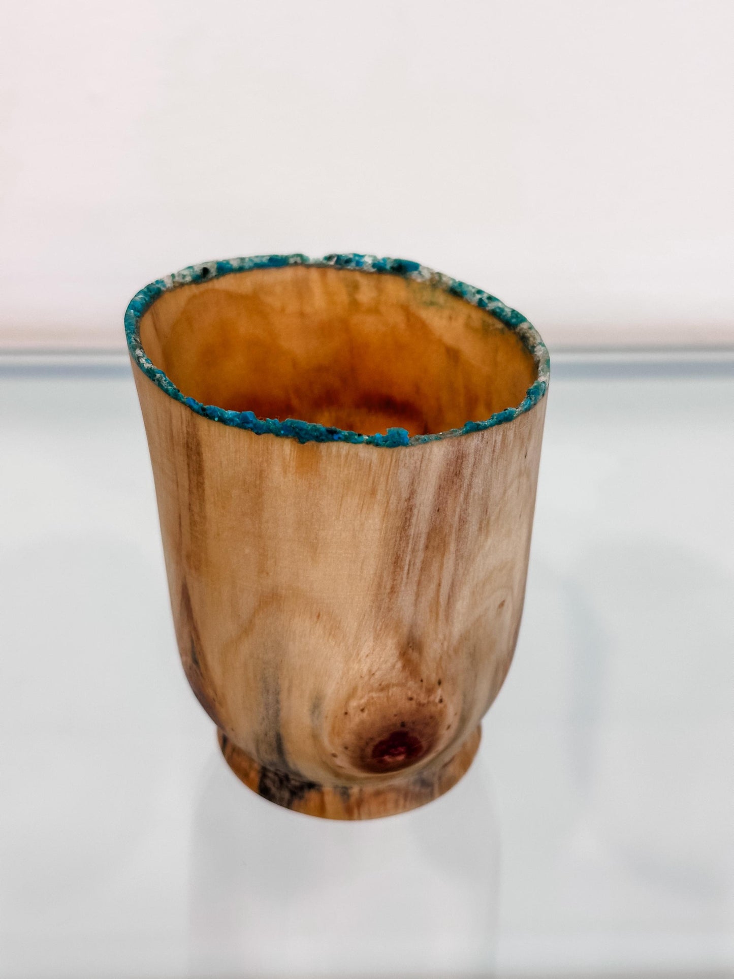 Small Norfolk Pine wood bowl, Artisanal wood bowl, Decorated with fine turquoise inlay, Hand-turned in Hawaii by artist Llosh Winne