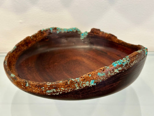 Handmade Chocolate Koa Wood Bowl with Turquoise Inlay, Natural Edge Kintsugi bowl, Hand turned bowl, Made in Hawaii