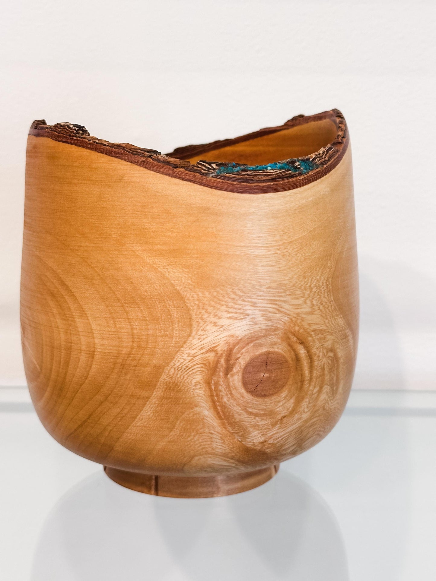 Jacaranda Wood Bowl, Handmade, Artisanal, Natural Edge, with Bark Inclusion and Turquoise Inlay, Hand-carved out of jacaranda wood in Hawaii