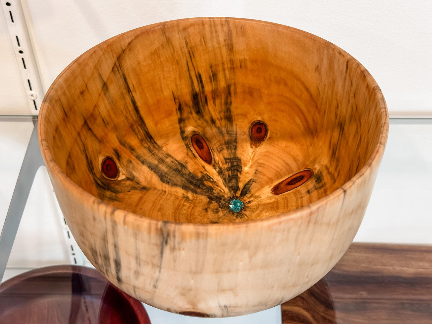 Norfolk Pine Wood Bowl with Turquoise Inlay Detailing, Handmade in Hawaii by Professional Bowl Turner Llosh Winne