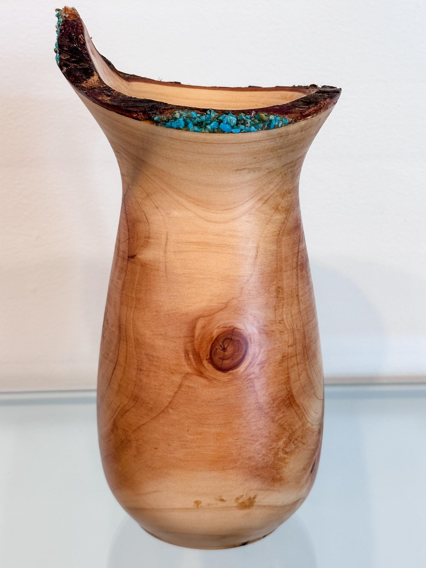 Cypress Wood Vase with Turquoise Gemstone Inlay, Wood Vase, Handmade in Hawaii