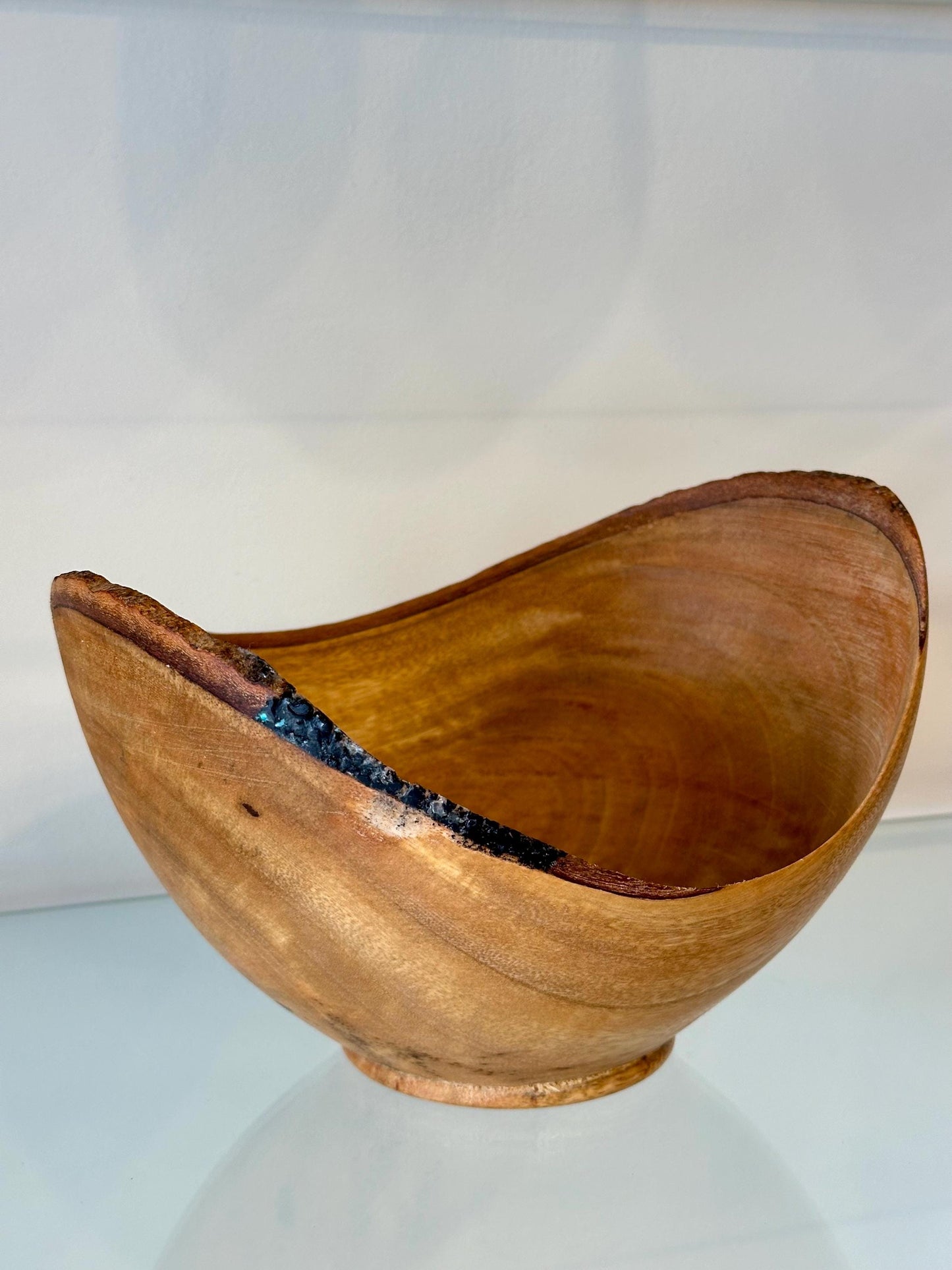 Natural Edge Mango Wood Bowl with Turquoise Gemstone and Black Alaskan Anthracite Inlay Detail, Handmade by Llosh Winne