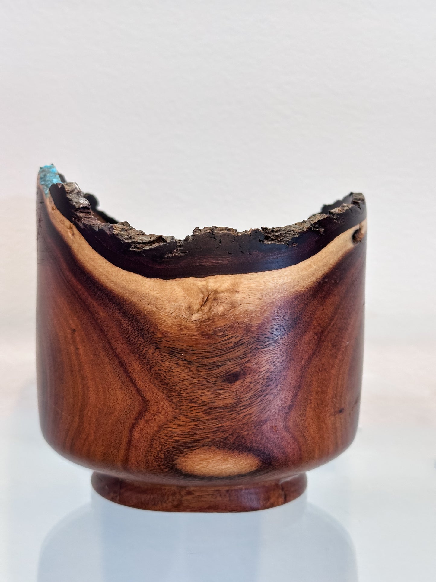 Small Koai’a Wood Bowl with Natural Edge and Turquoise and Anthracite Inlay