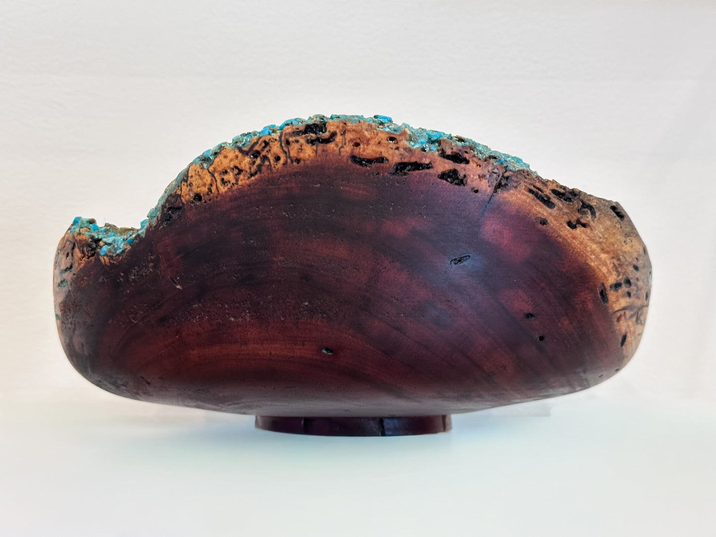 Hand-carved, natural edge Koa wood bowl with turquoise and anthracite kintsugi stone detailing, Handmade in Hawaii by Llosh Winne
