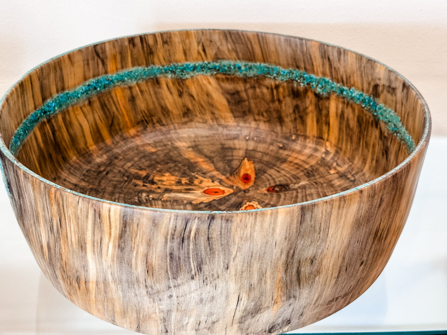 Norfolk Pine Wood Bowl with Turquoise Gemstone Inlay, Handmade in Hawaii, Food Safe, Organic Finishes