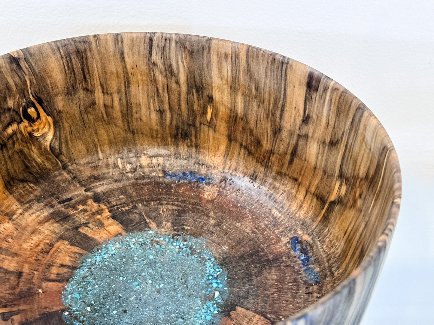Norfolk Pine Wood Bowl with Turquoise and Lapis Lazuli Gemstone Inlay, Handmade in Hawaii, Food Safe, Organic Finishes