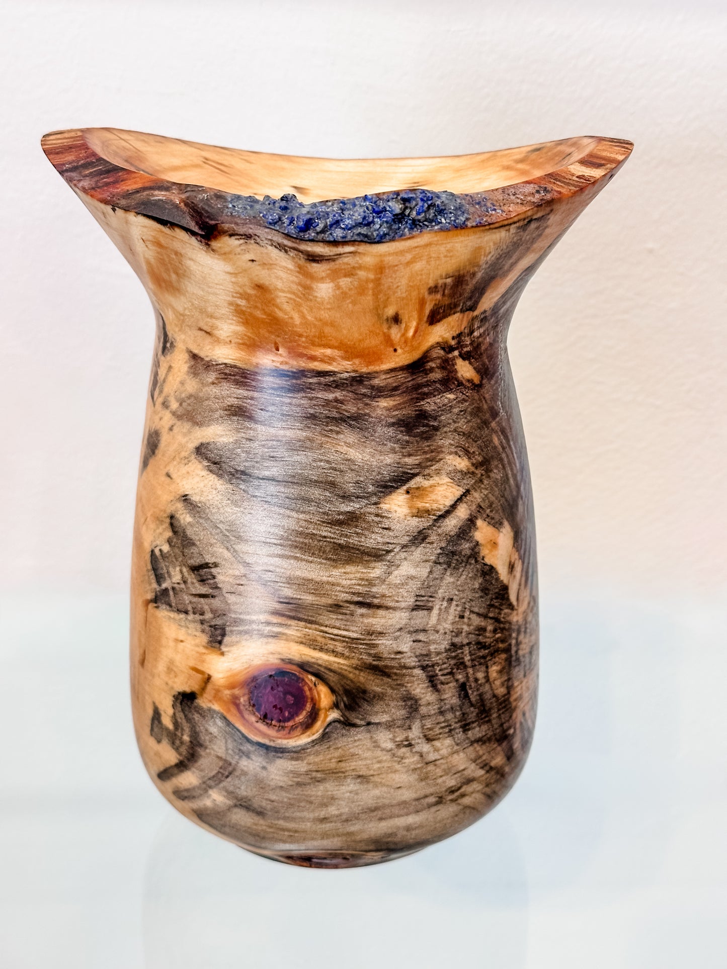 Stunning Handmade Norfolk Pine Wood Vase with Natural Edge and Lapis Lazuli Gemstone Inlay, Handmade in Hawaii