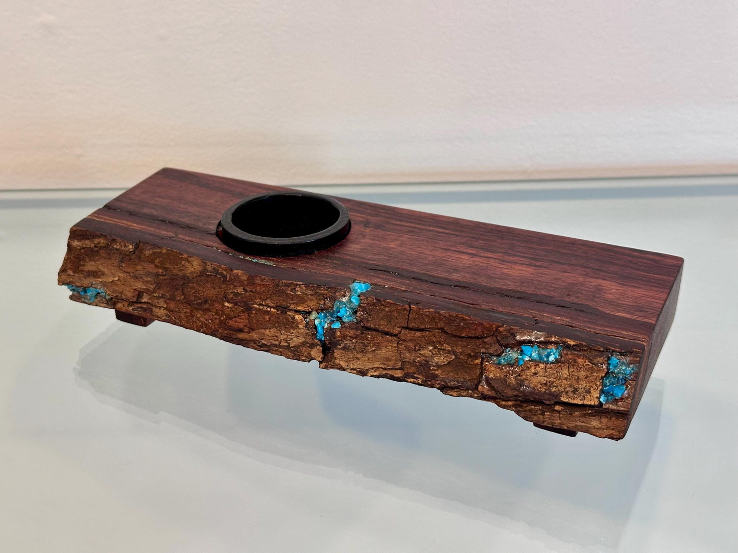 Handmade Koa Wood Ikebana (Japanese Style Vase) with Bark Inclusion and Turquoise Inlay, Wood Ikebana, Made in Hawaii