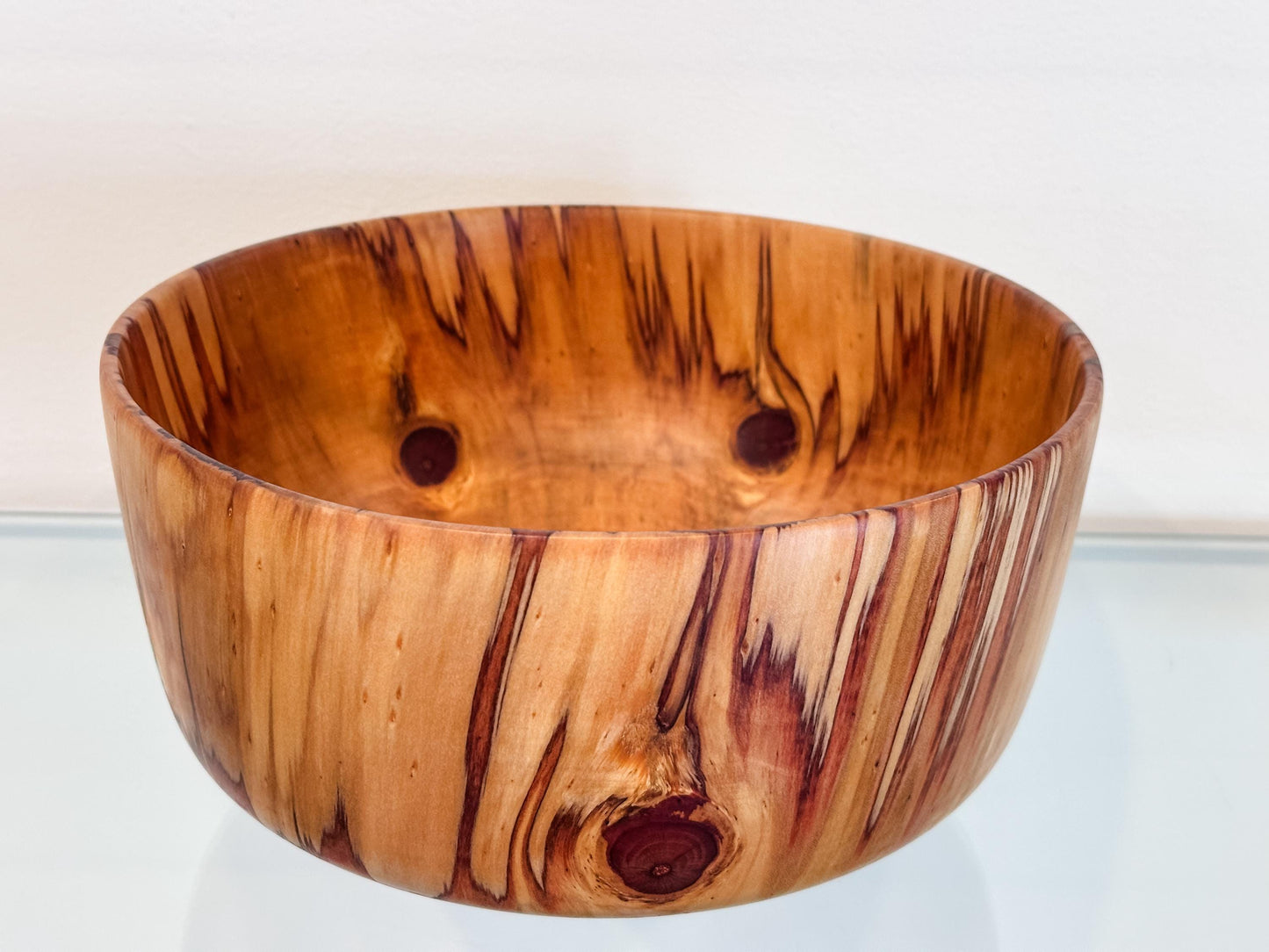 Handmade Norfolk pine wood bowl, Decorated with precious turquoise gemstone inlay, Hand-carved in Hawaii by artist Llosh Winne