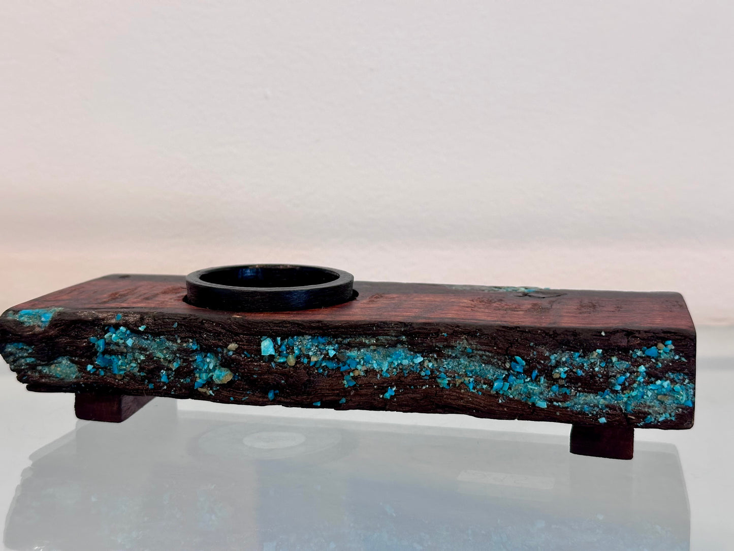 Handmade Koa Wood Ikebana (Japanese Style Vase) with Bark Inclusion and Turquoise Gemstone Inlay, Wood Ikebana, Made in Hawaii