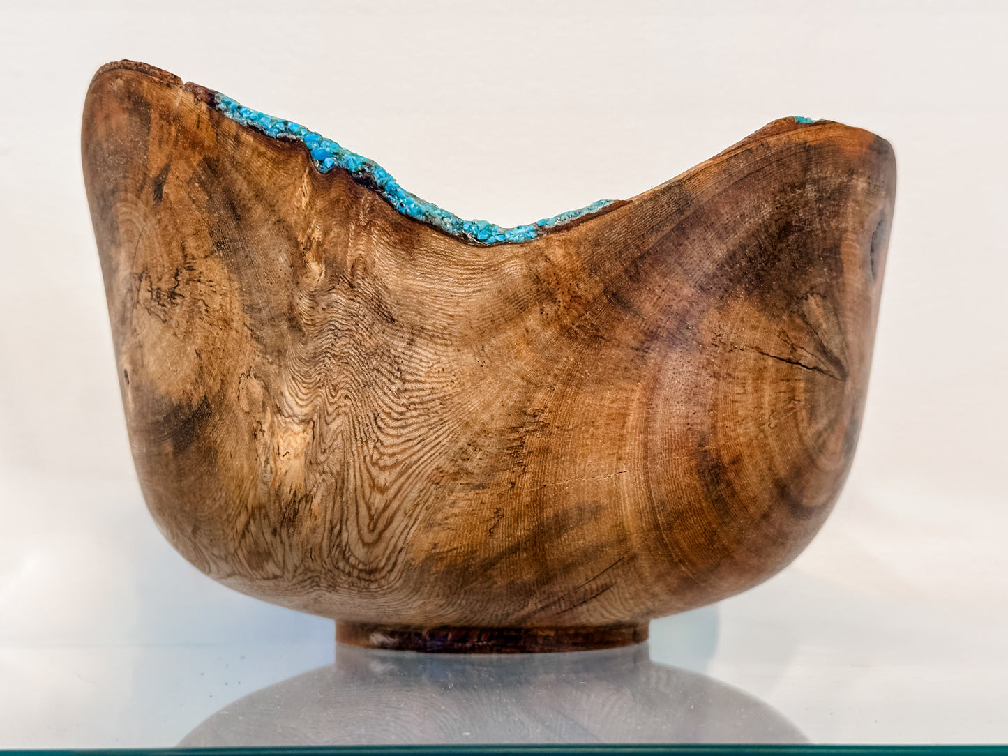 Banyan Wood Bowl, Decorated with Turquoise Gemstone Inlay, Handmade in Hawaii
