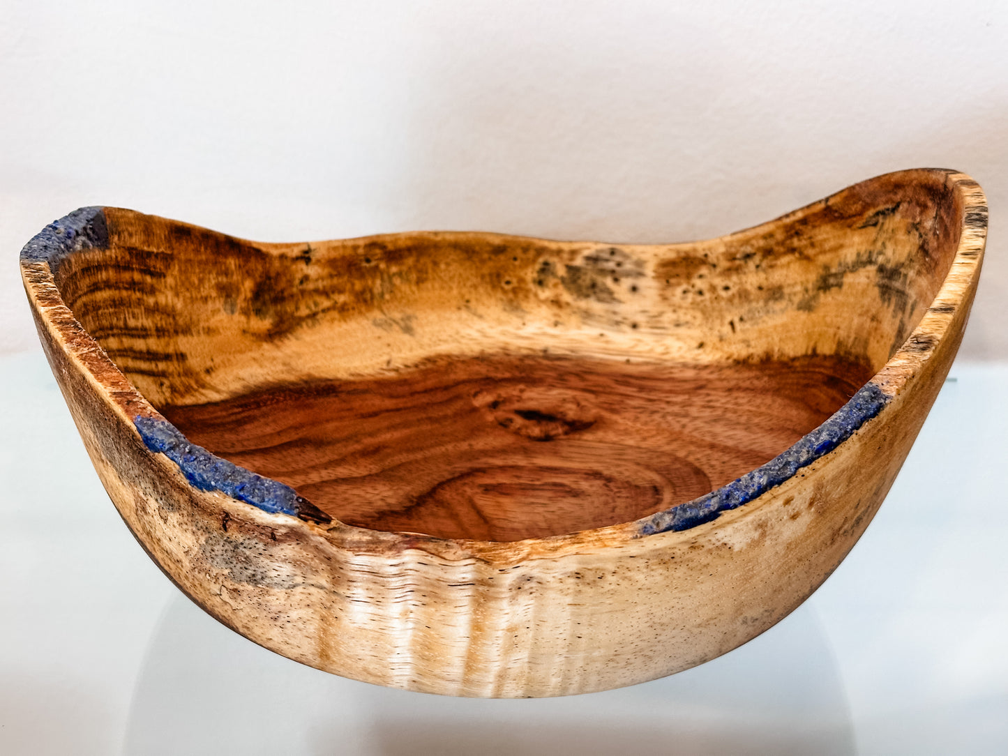 Handturned Natural Edge Earpod Wood Bowl with Lapis Lazuli, Handmade in Hawaii