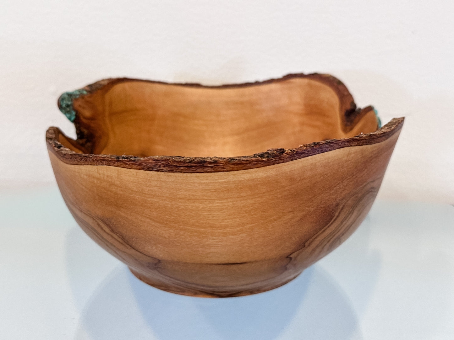 Handmade, Natural Edge Olive Wood Bowl with Turquoise Gemstone Inlay