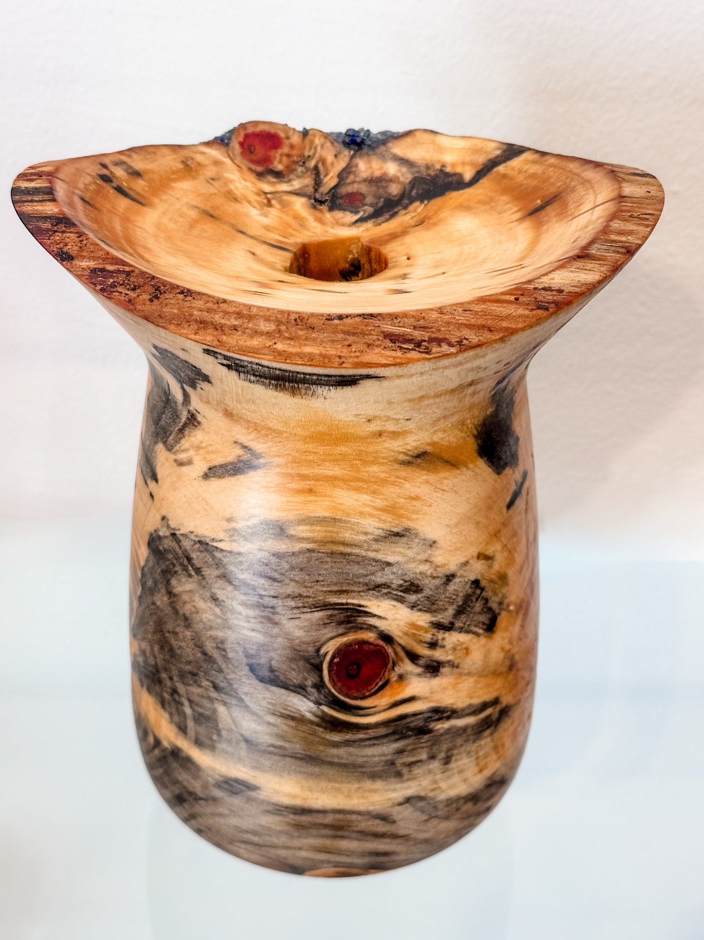 Stunning Handmade Norfolk Pine Wood Vase with Natural Edge and Lapis Lazuli Gemstone Inlay, Handmade in Hawaii