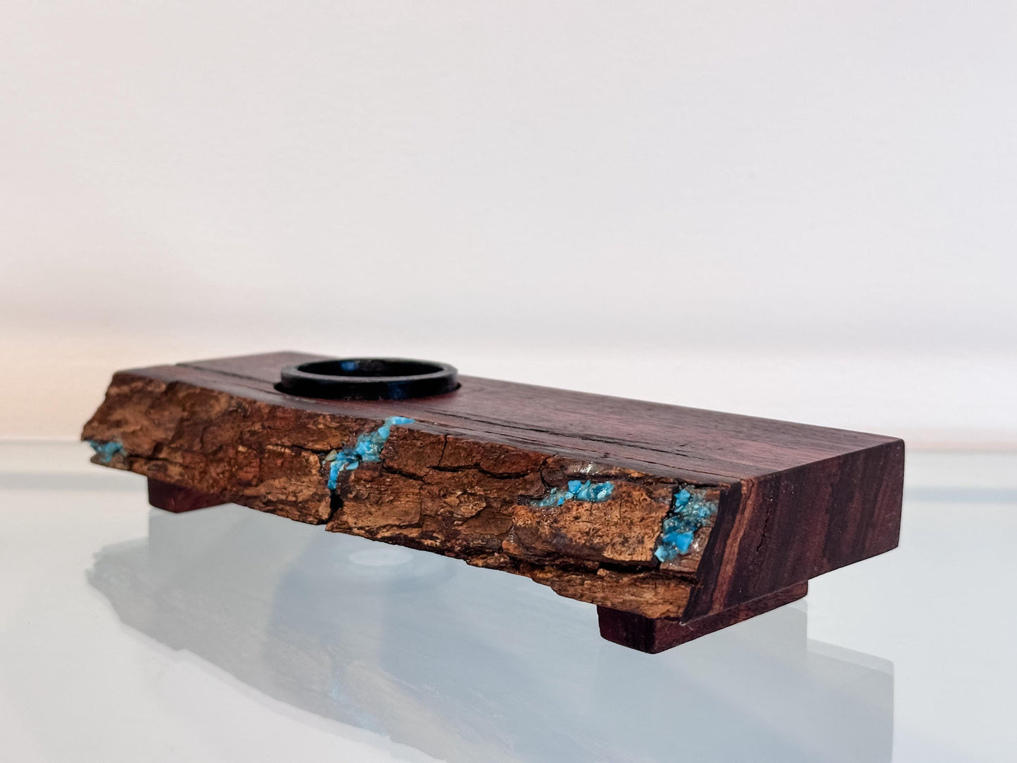 Handmade Koa Wood Ikebana (Japanese Style Vase) with Bark Inclusion and Turquoise Inlay, Wood Ikebana, Made in Hawaii