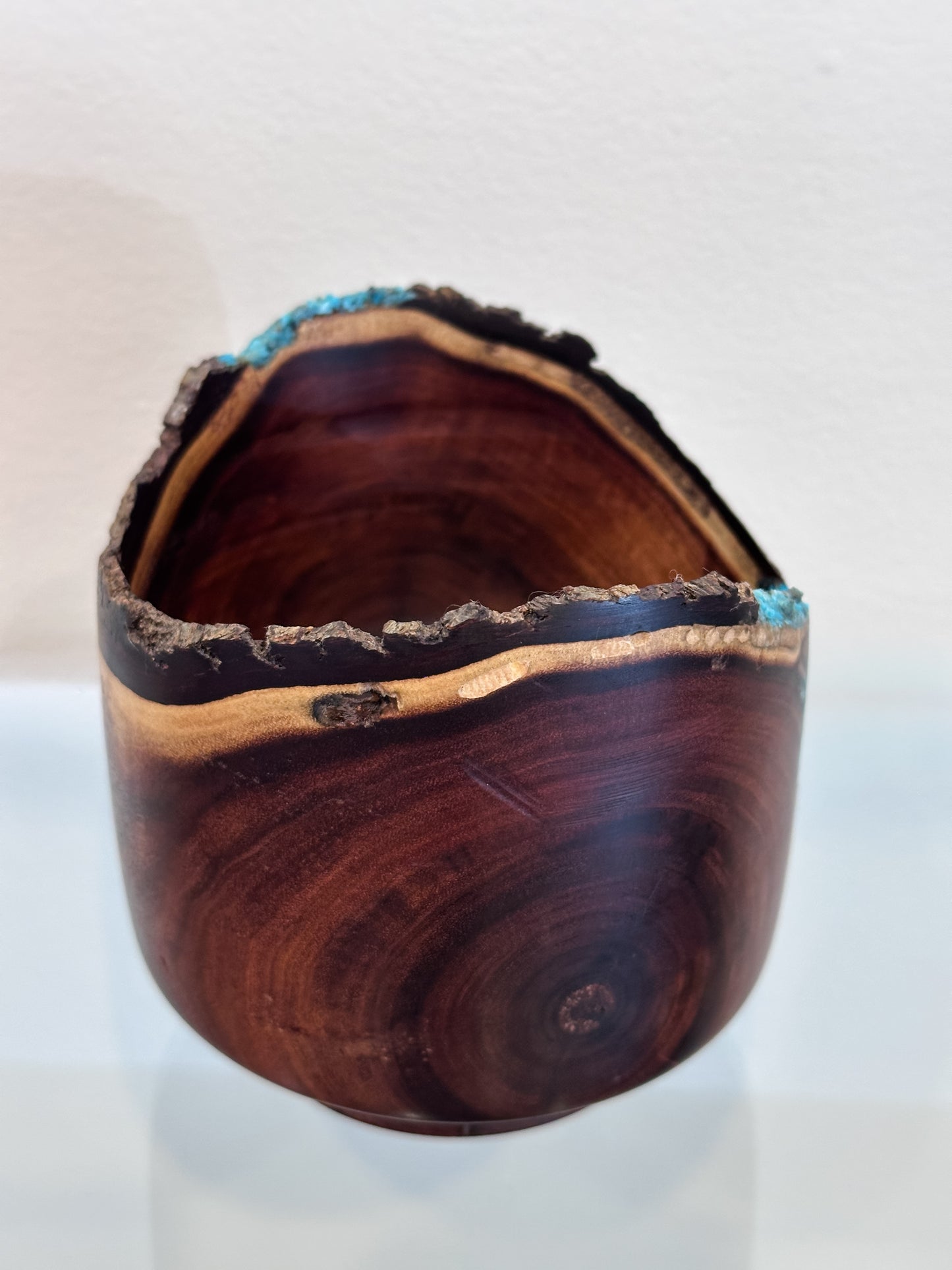 Small Koai’a Wood Bowl with Natural Edge and Turquoise and Anthracite Inlay