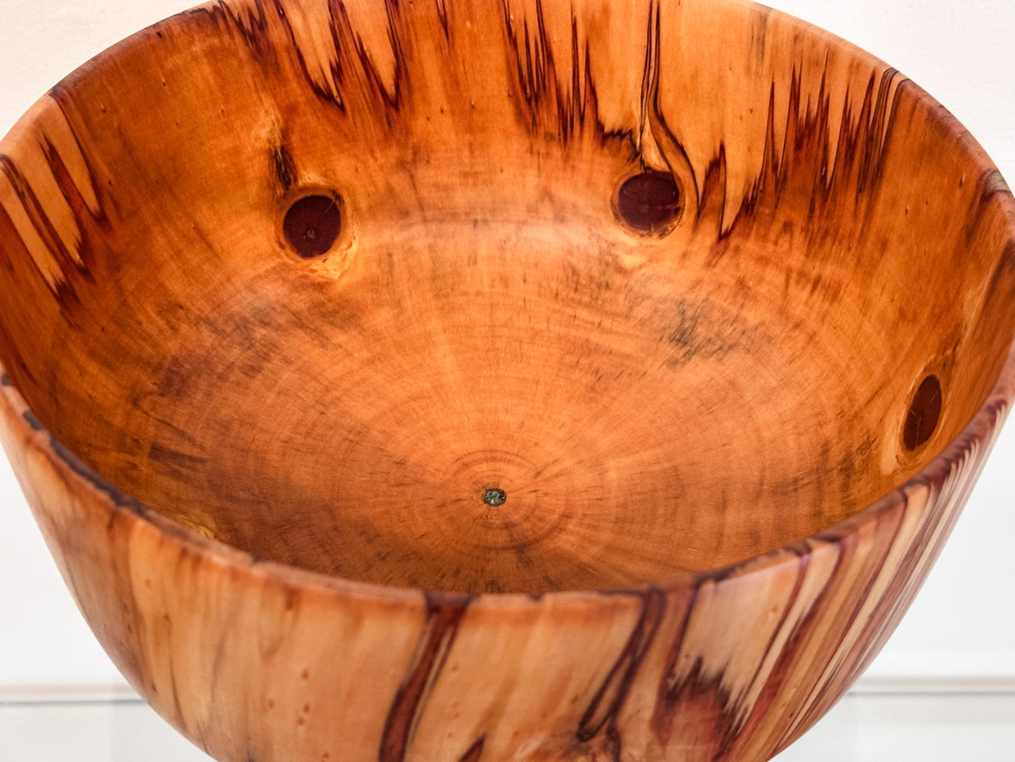 Handmade Norfolk pine wood bowl, Decorated with precious turquoise gemstone inlay, Hand-carved in Hawaii by artist Llosh Winne
