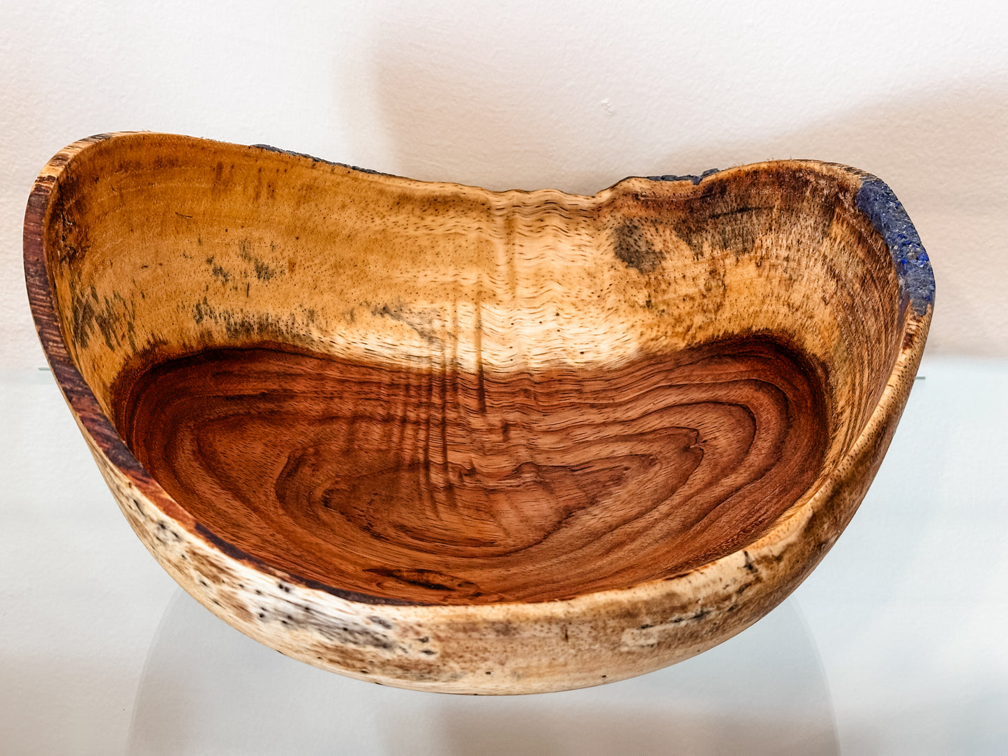 Handturned Natural Edge Earpod Wood Bowl with Lapis Lazuli, Handmade in Hawaii