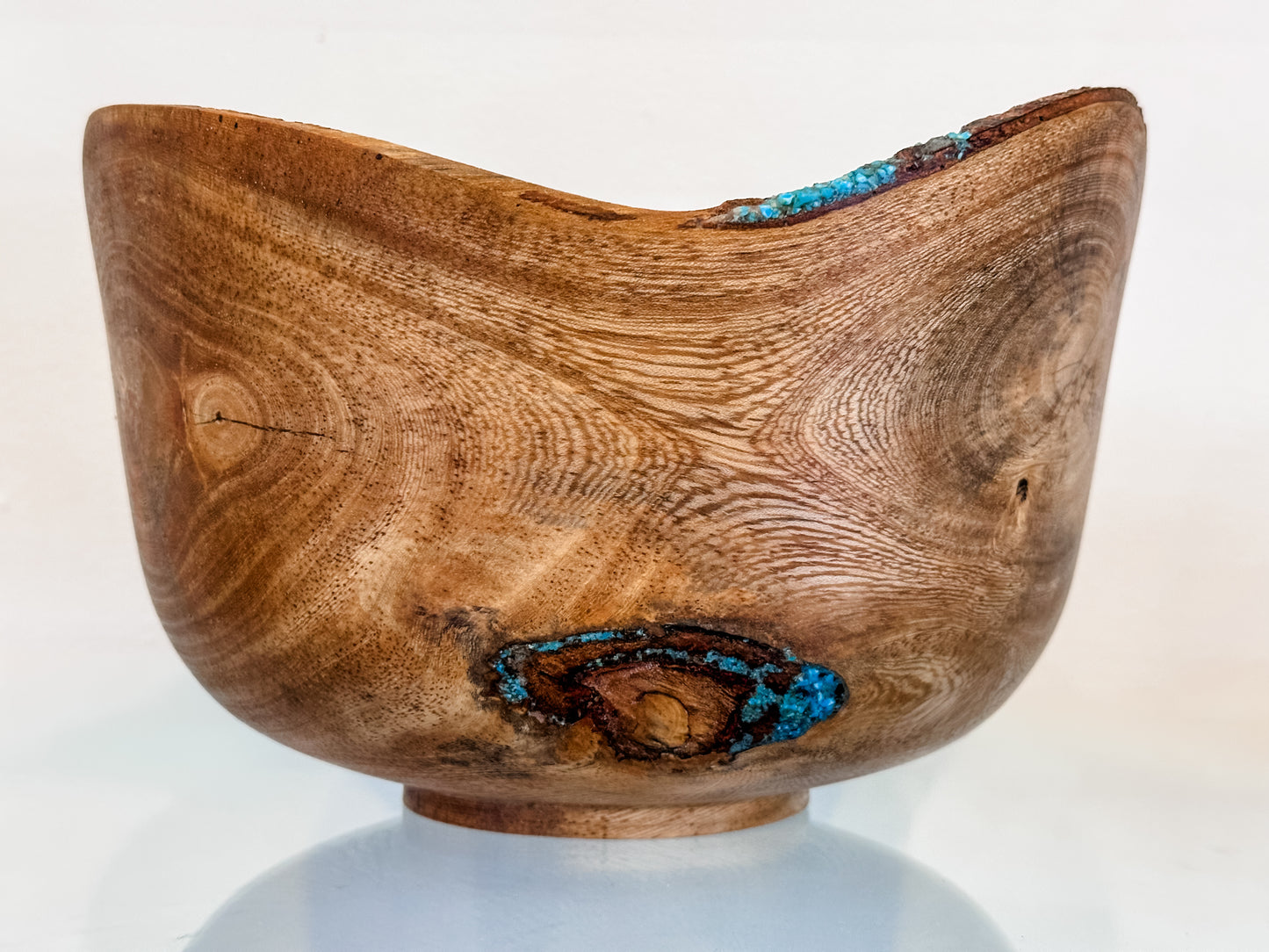 Banyan Wood Bowl, Decorated with Turquoise Gemstone Inlay, Handmade in Hawaii