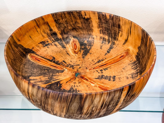 Handmade Large Norfolk Pine Wood Bowl with Turquoise Inlay Detail, Food Safe Salad Bowl, Organic Wood Salad Bowl, Large Wood Salad Bowl