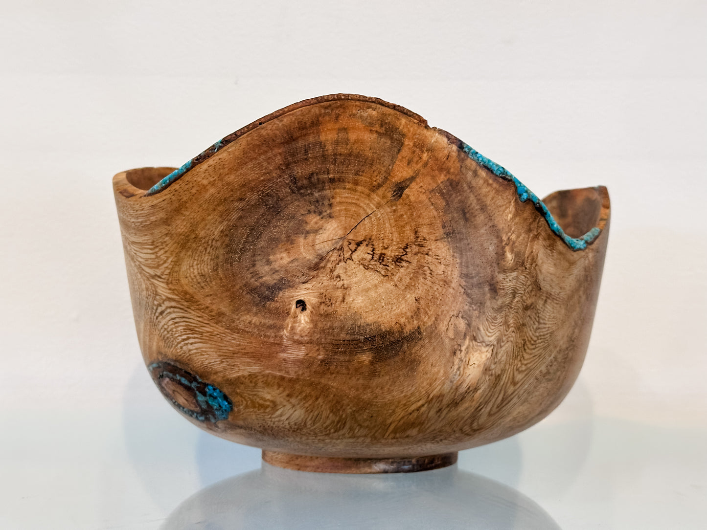 Banyan Wood Bowl, Decorated with Turquoise Gemstone Inlay, Handmade in Hawaii
