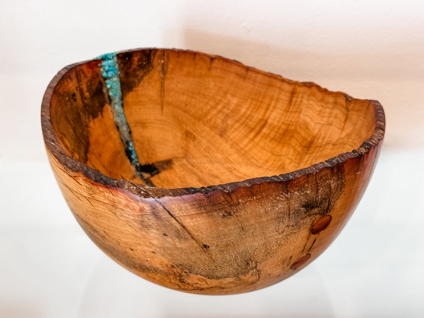 Hawaiian Lama Wood Bowl, Hand-turned in Hawaii, with Turquoise and Anthracite Inlay, Food Safe