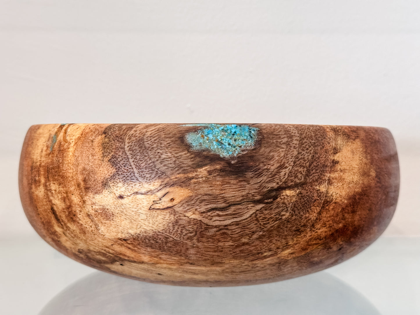 Hand-Turned Mango Wood Salad Bowl, Calabash Shape, Food Safe, Turquoise Inlay