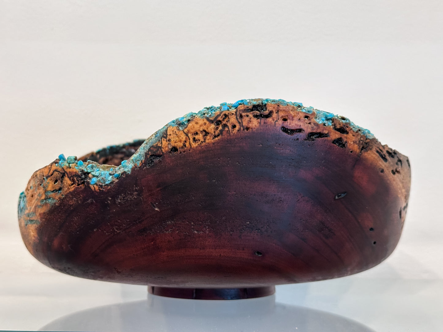 Hand-carved, natural edge Koa wood bowl with turquoise and anthracite kintsugi stone detailing, Handmade in Hawaii by Llosh Winne