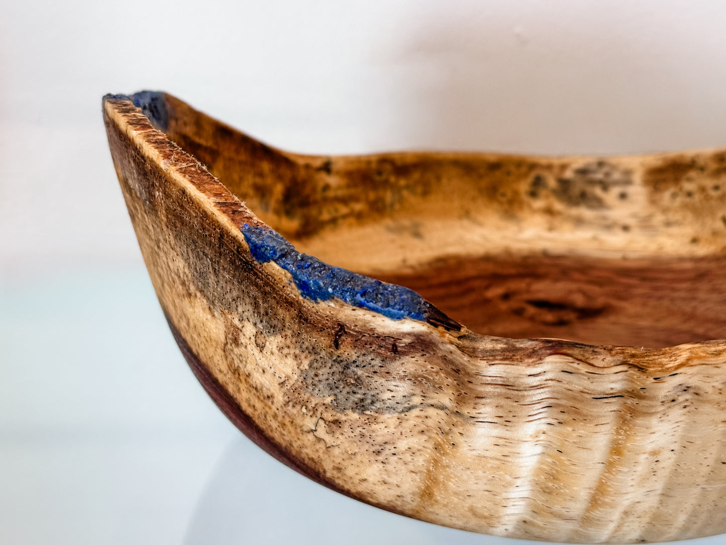 Handturned Natural Edge Earpod Wood Bowl with Lapis Lazuli, Handmade in Hawaii