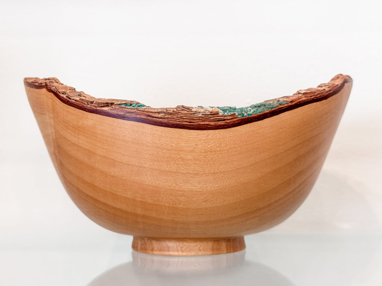 Jacaranda Wood Bowl with Live Edge Bark Inclusion and Turquoise Gemstone Inlay, Handmade in Hawaii, Organic