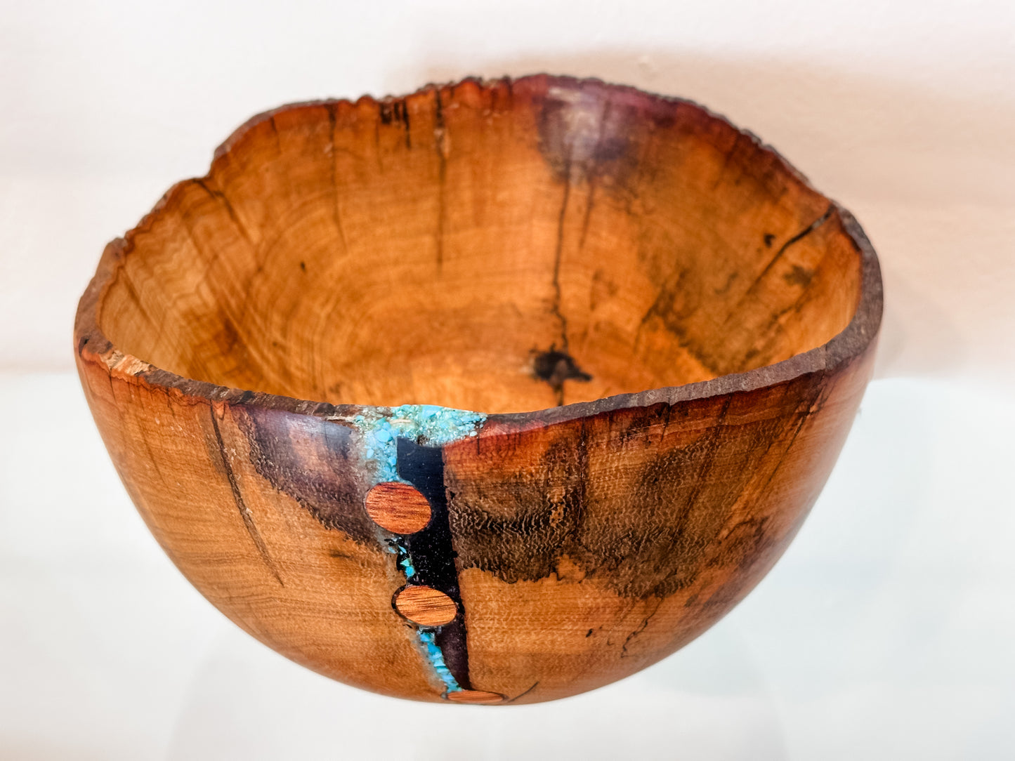 Hawaiian Lama Wood Bowl, Hand-turned in Hawaii, with Turquoise and Anthracite Inlay, Food Safe